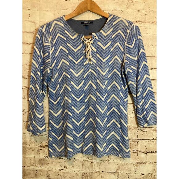 Chaps Top Womens Medium Blue Zig Zag Print Lace Up Long Sleeve Stretch Cotton - Picture 1 of 12